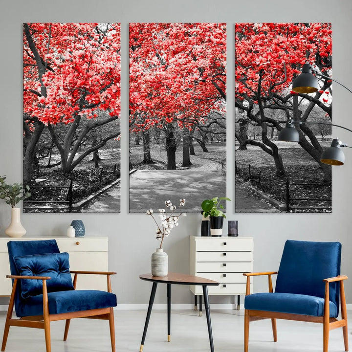 Triptych of a grayscale park scene with bold pink cherry blossoms, beautifully printed on museum-quality canvas. The "Pink Cherry Blossoms Flowers Canvas Wall Art Print" is gallery wrapped for a sleek appearance.