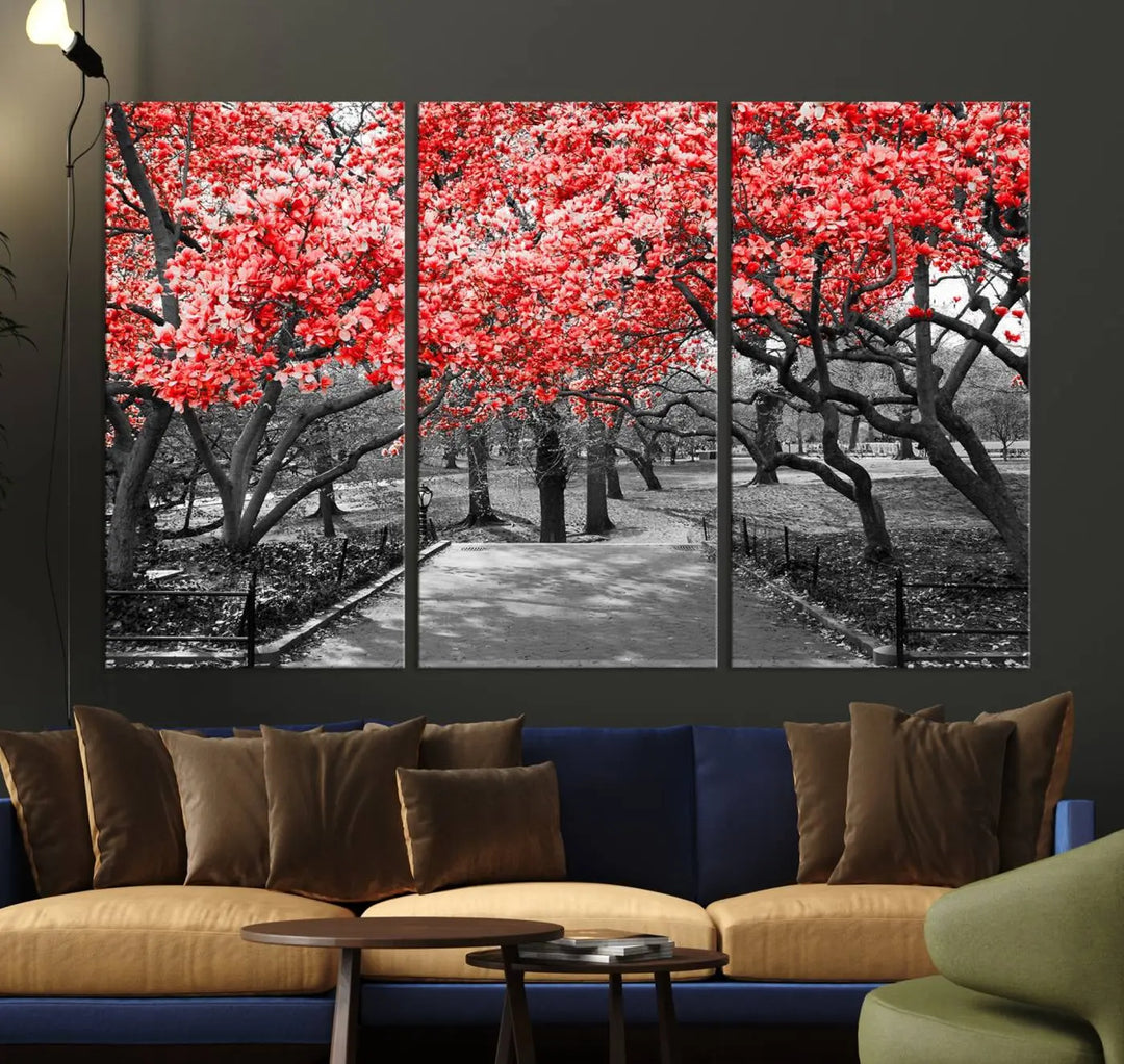 Triptych of a grayscale park scene with bold pink cherry blossoms, beautifully printed on museum-quality canvas. The "Pink Cherry Blossoms Flowers Canvas Wall Art Print" is gallery wrapped for a sleek appearance.