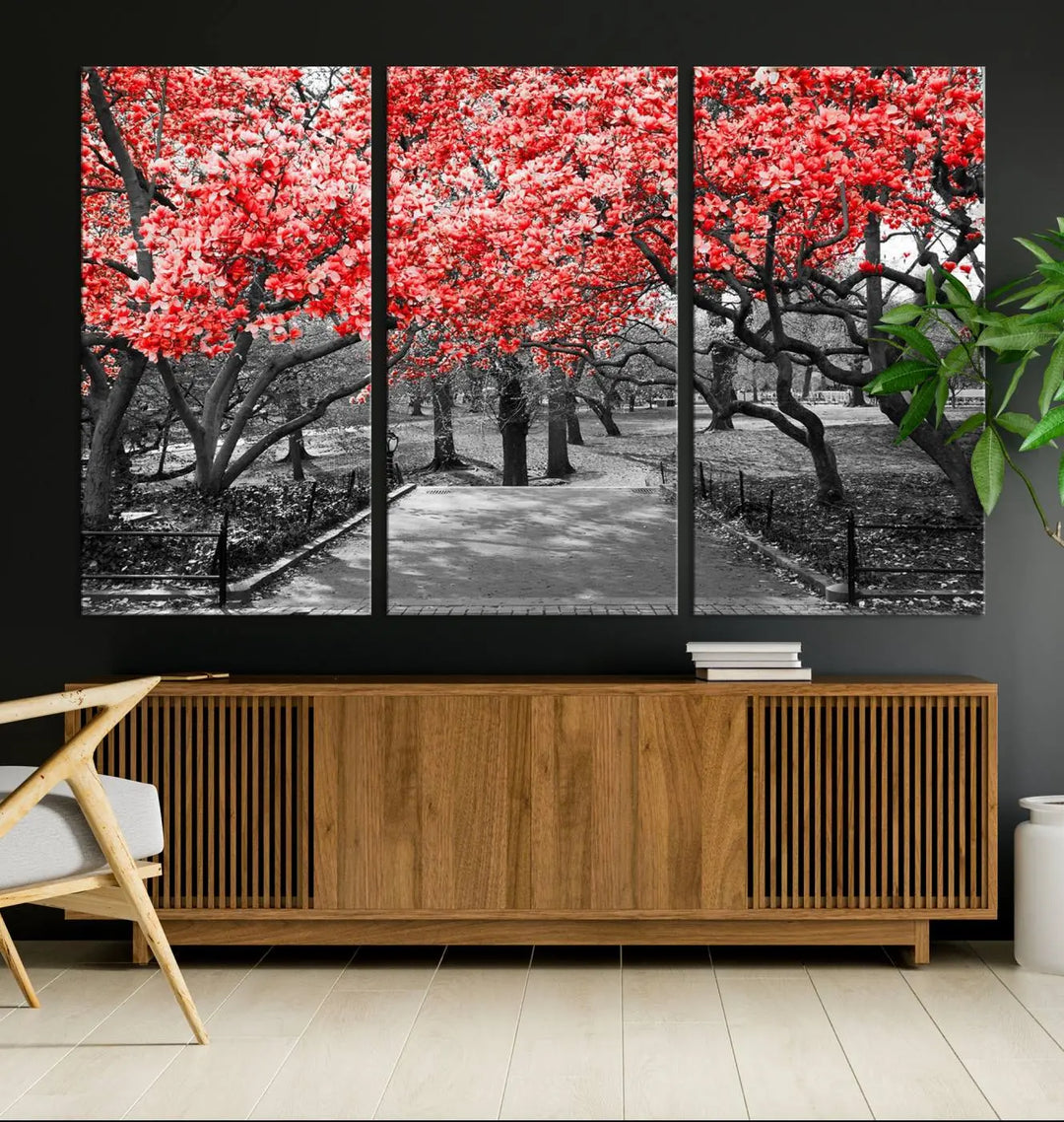 Triptych of a grayscale park scene with bold pink cherry blossoms, beautifully printed on museum-quality canvas. The "Pink Cherry Blossoms Flowers Canvas Wall Art Print" is gallery wrapped for a sleek appearance.