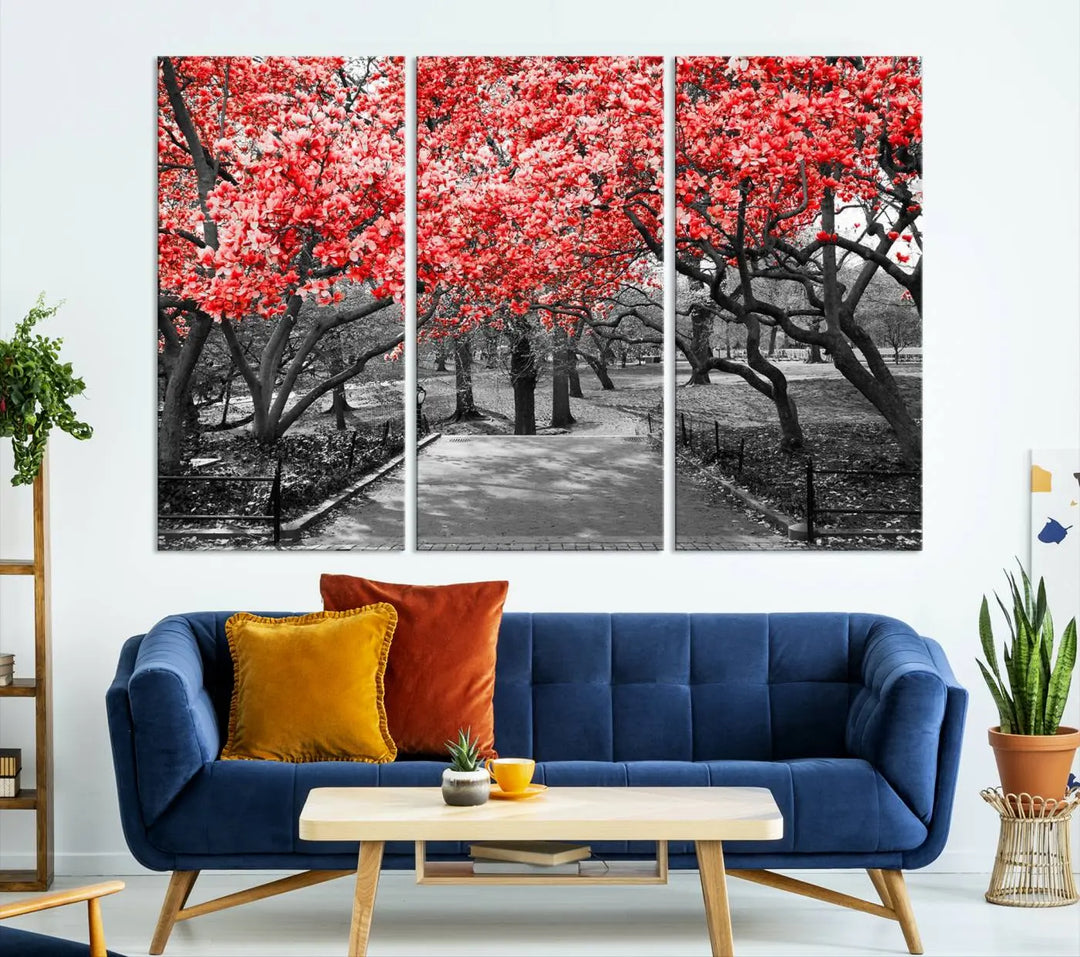 Triptych of a grayscale park scene with bold pink cherry blossoms, beautifully printed on museum-quality canvas. The "Pink Cherry Blossoms Flowers Canvas Wall Art Print" is gallery wrapped for a sleek appearance.