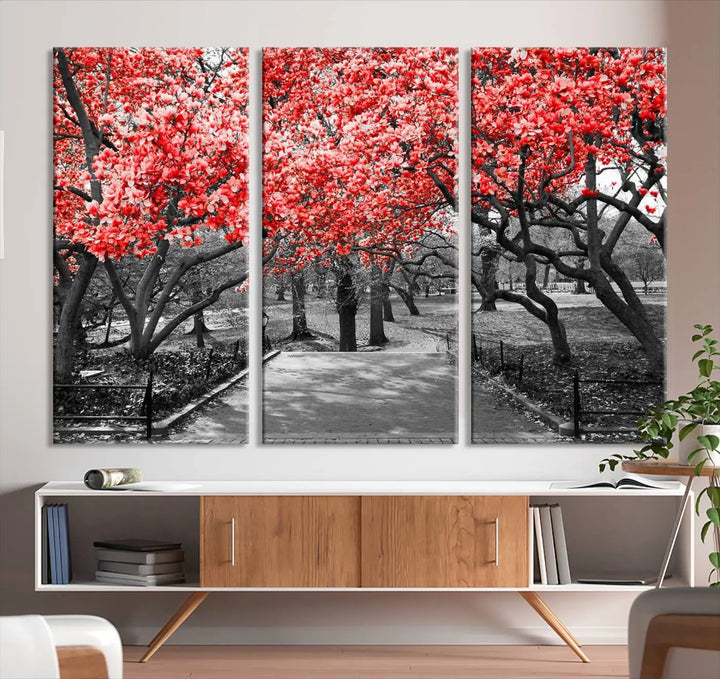 Triptych of a grayscale park scene with bold pink cherry blossoms, beautifully printed on museum-quality canvas. The "Pink Cherry Blossoms Flowers Canvas Wall Art Print" is gallery wrapped for a sleek appearance.