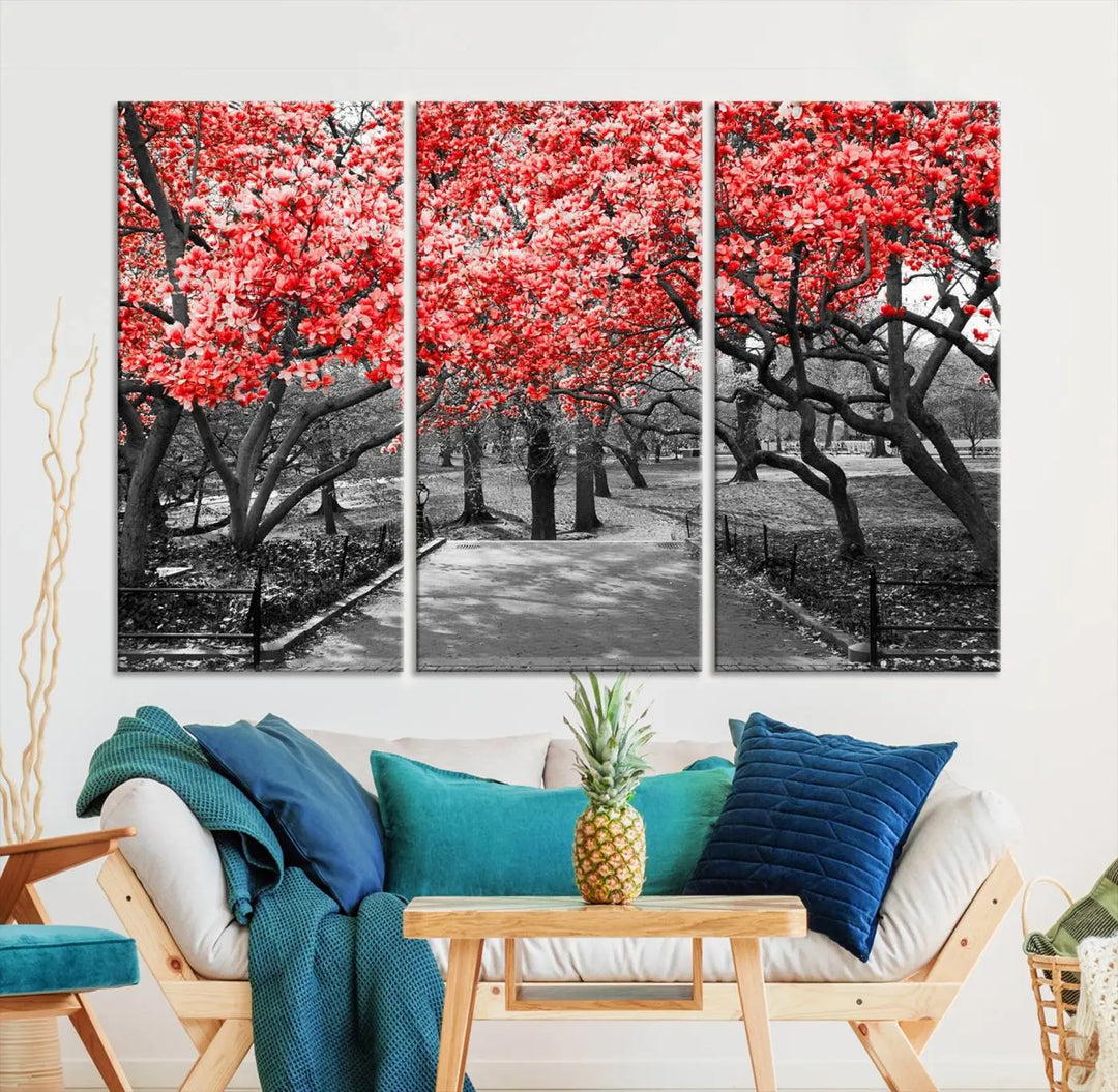 Triptych of a grayscale park scene with bold pink cherry blossoms, beautifully printed on museum-quality canvas. The "Pink Cherry Blossoms Flowers Canvas Wall Art Print" is gallery wrapped for a sleek appearance.