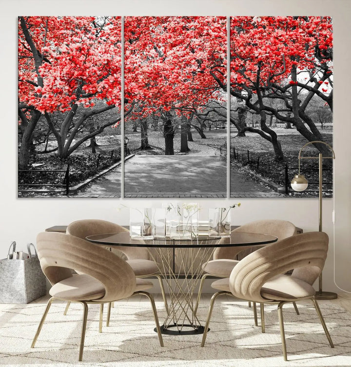 Triptych of a grayscale park scene with bold pink cherry blossoms, beautifully printed on museum-quality canvas. The "Pink Cherry Blossoms Flowers Canvas Wall Art Print" is gallery wrapped for a sleek appearance.