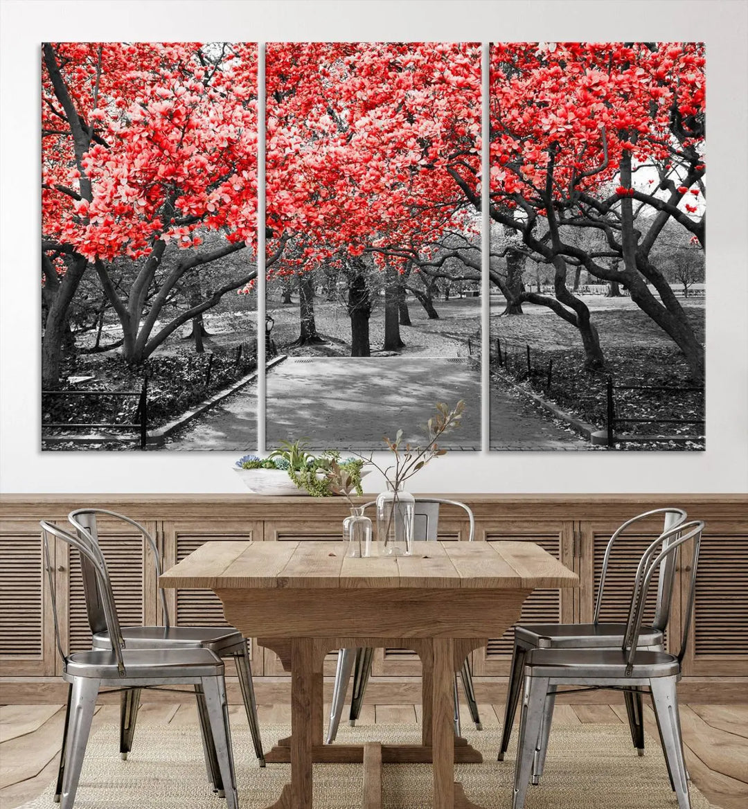 Triptych of a grayscale park scene with bold pink cherry blossoms, beautifully printed on museum-quality canvas. The "Pink Cherry Blossoms Flowers Canvas Wall Art Print" is gallery wrapped for a sleek appearance.