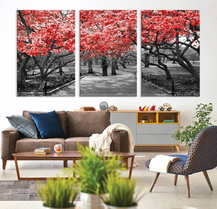 Triptych of a grayscale park scene with bold pink cherry blossoms, beautifully printed on museum-quality canvas. The "Pink Cherry Blossoms Flowers Canvas Wall Art Print" is gallery wrapped for a sleek appearance.