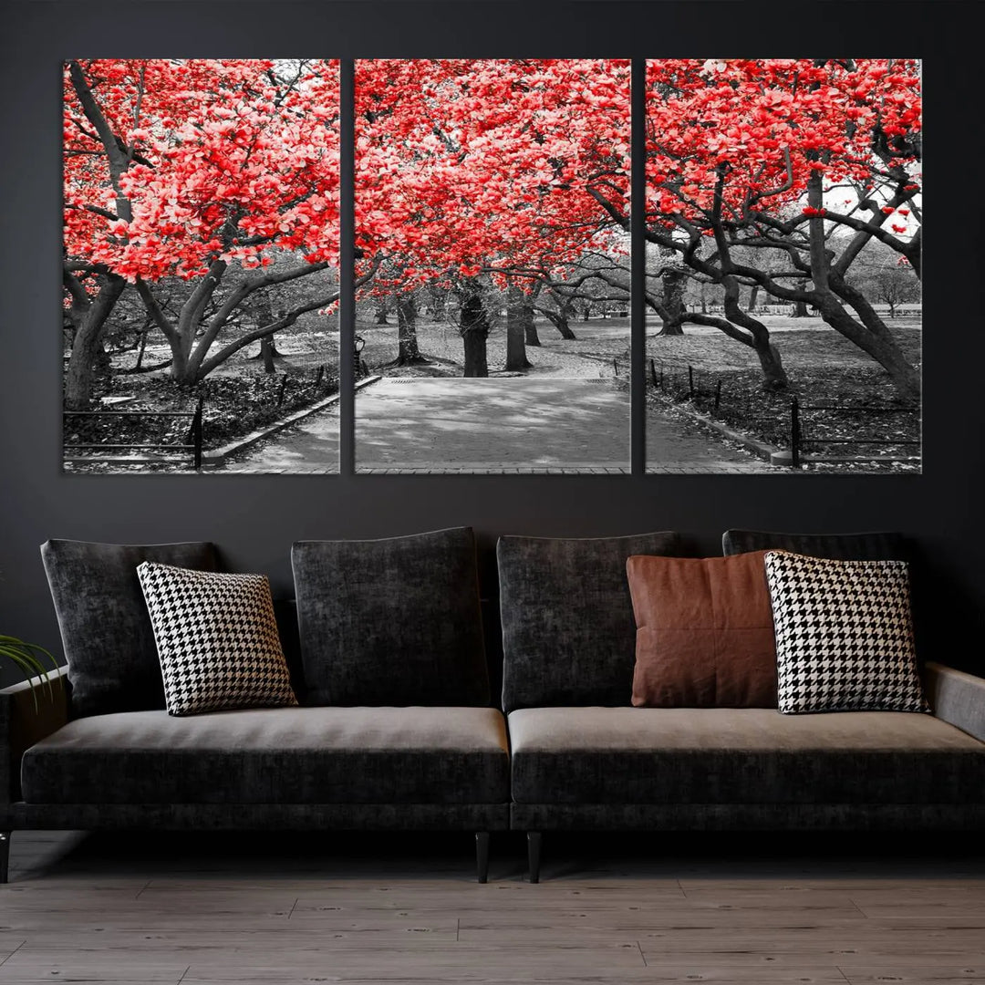 Triptych of a grayscale park scene with bold pink cherry blossoms, beautifully printed on museum-quality canvas. The "Pink Cherry Blossoms Flowers Canvas Wall Art Print" is gallery wrapped for a sleek appearance.