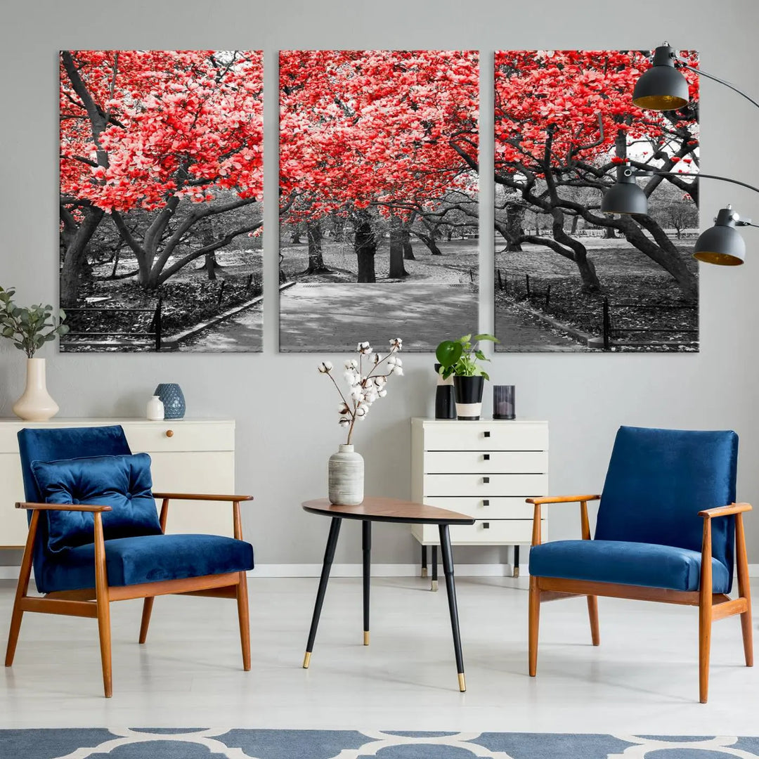 Triptych of a grayscale park scene with bold pink cherry blossoms, beautifully printed on museum-quality canvas. The "Pink Cherry Blossoms Flowers Canvas Wall Art Print" is gallery wrapped for a sleek appearance.