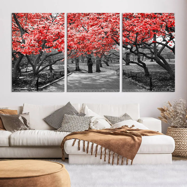 Triptych of a grayscale park scene with bold pink cherry blossoms, beautifully printed on museum-quality canvas. The "Pink Cherry Blossoms Flowers Canvas Wall Art Print" is gallery wrapped for a sleek appearance.