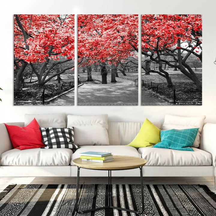 Triptych of a grayscale park scene with bold pink cherry blossoms, beautifully printed on museum-quality canvas. The "Pink Cherry Blossoms Flowers Canvas Wall Art Print" is gallery wrapped for a sleek appearance.