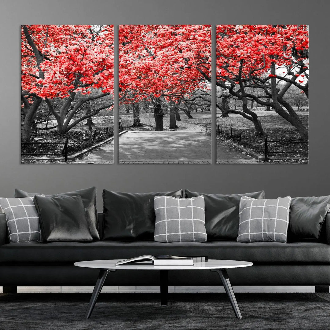 Triptych of a grayscale park scene with bold pink cherry blossoms, beautifully printed on museum-quality canvas. The "Pink Cherry Blossoms Flowers Canvas Wall Art Print" is gallery wrapped for a sleek appearance.