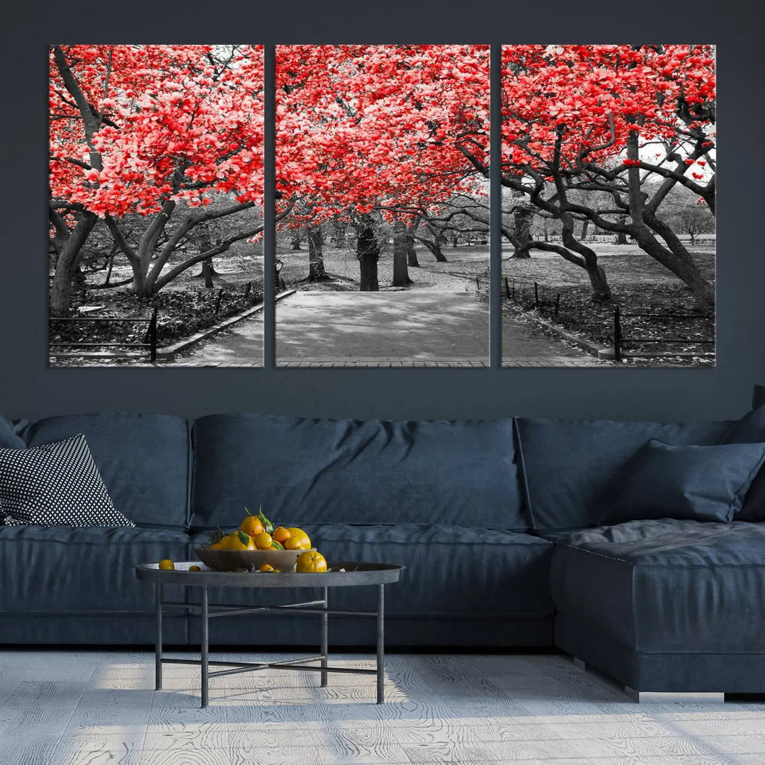 Triptych of a grayscale park scene with bold pink cherry blossoms, beautifully printed on museum-quality canvas. The "Pink Cherry Blossoms Flowers Canvas Wall Art Print" is gallery wrapped for a sleek appearance.