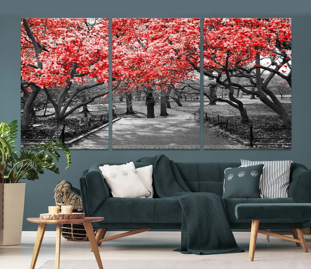 Triptych of a grayscale park scene with bold pink cherry blossoms, beautifully printed on museum-quality canvas. The "Pink Cherry Blossoms Flowers Canvas Wall Art Print" is gallery wrapped for a sleek appearance.