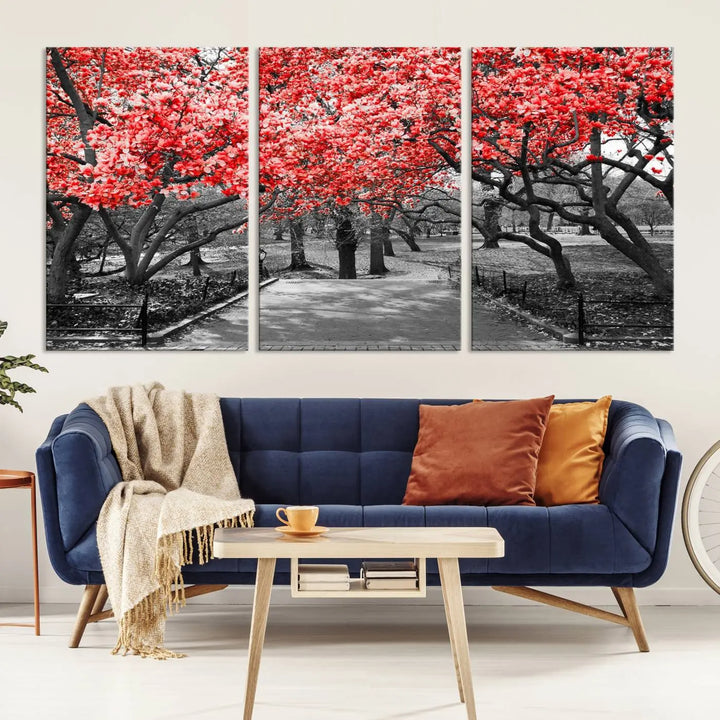 Triptych of a grayscale park scene with bold pink cherry blossoms, beautifully printed on museum-quality canvas. The "Pink Cherry Blossoms Flowers Canvas Wall Art Print" is gallery wrapped for a sleek appearance.