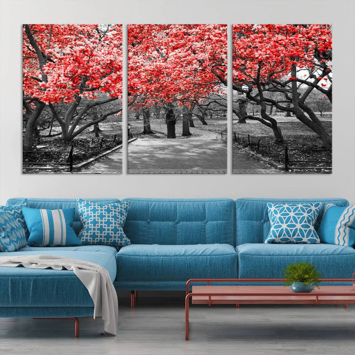 Triptych of a grayscale park scene with bold pink cherry blossoms, beautifully printed on museum-quality canvas. The "Pink Cherry Blossoms Flowers Canvas Wall Art Print" is gallery wrapped for a sleek appearance.