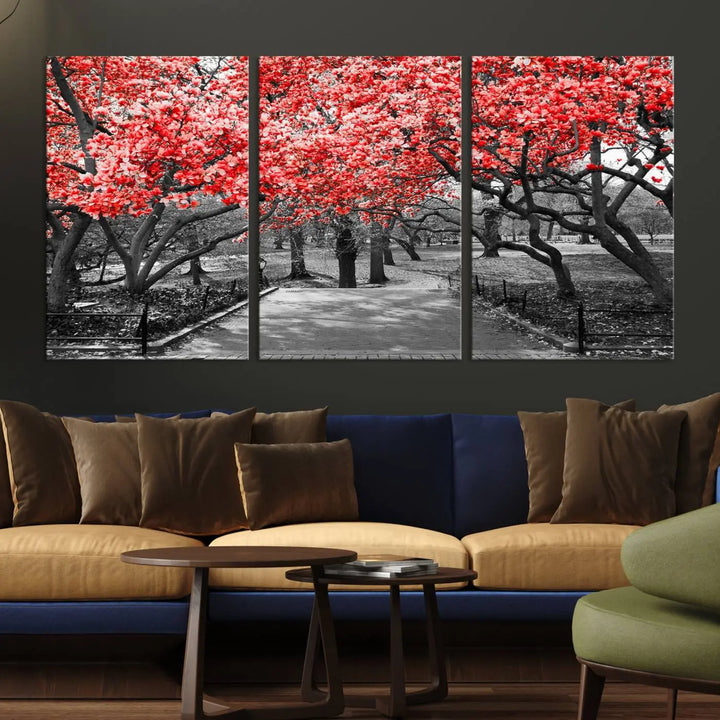 Triptych of a grayscale park scene with bold pink cherry blossoms, beautifully printed on museum-quality canvas. The "Pink Cherry Blossoms Flowers Canvas Wall Art Print" is gallery wrapped for a sleek appearance.