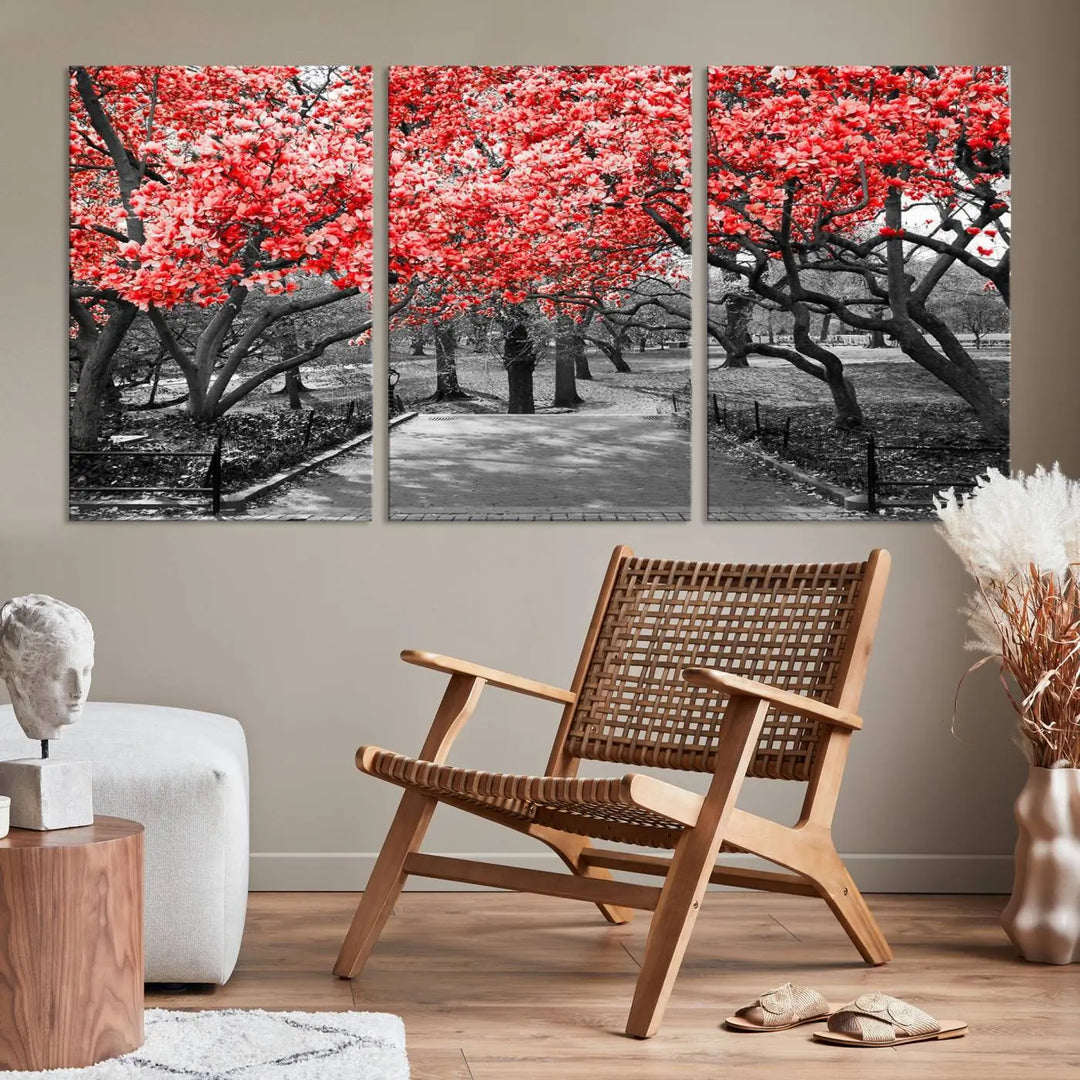 Triptych of a grayscale park scene with bold pink cherry blossoms, beautifully printed on museum-quality canvas. The "Pink Cherry Blossoms Flowers Canvas Wall Art Print" is gallery wrapped for a sleek appearance.