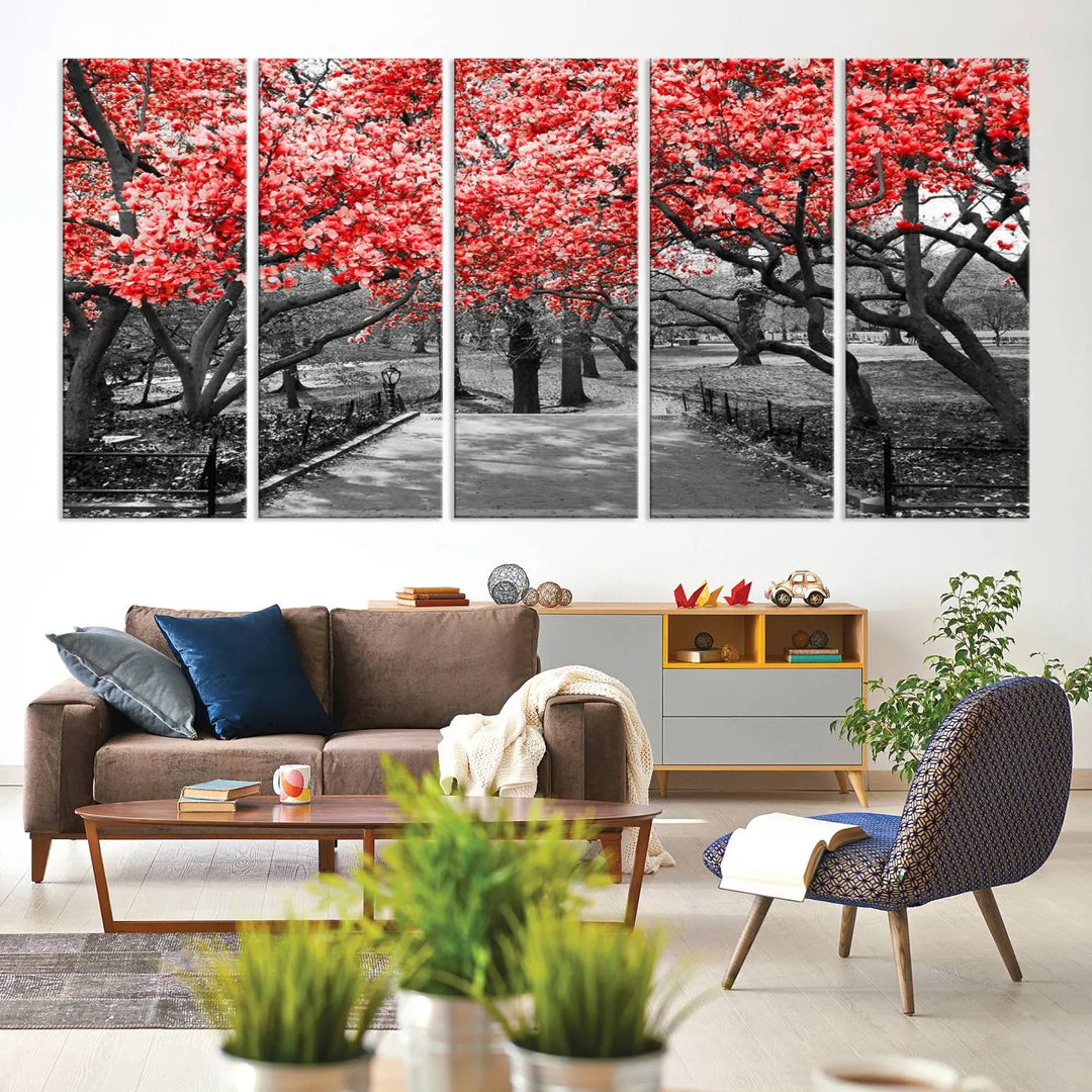 Triptych of a grayscale park scene with bold pink cherry blossoms, beautifully printed on museum-quality canvas. The "Pink Cherry Blossoms Flowers Canvas Wall Art Print" is gallery wrapped for a sleek appearance.