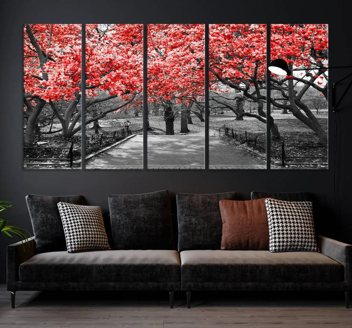 Triptych of a grayscale park scene with bold pink cherry blossoms, beautifully printed on museum-quality canvas. The "Pink Cherry Blossoms Flowers Canvas Wall Art Print" is gallery wrapped for a sleek appearance.