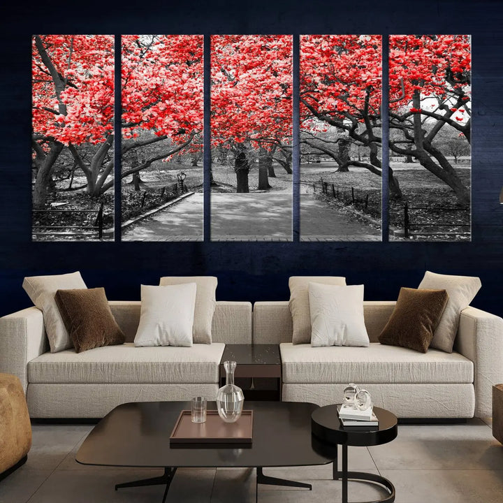 Triptych of a grayscale park scene with bold pink cherry blossoms, beautifully printed on museum-quality canvas. The "Pink Cherry Blossoms Flowers Canvas Wall Art Print" is gallery wrapped for a sleek appearance.