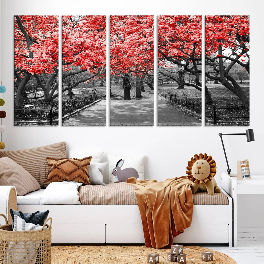 Triptych of a grayscale park scene with bold pink cherry blossoms, beautifully printed on museum-quality canvas. The "Pink Cherry Blossoms Flowers Canvas Wall Art Print" is gallery wrapped for a sleek appearance.