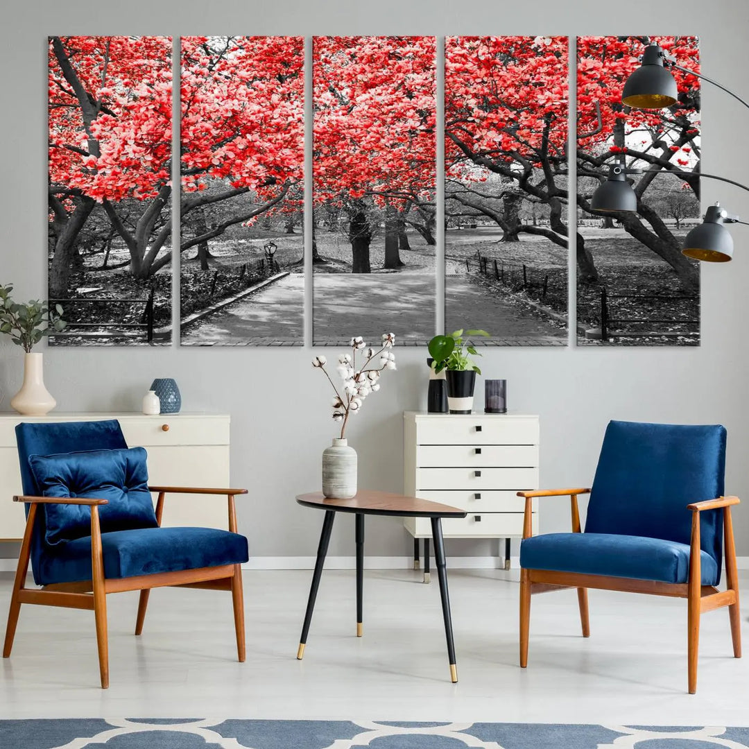 Triptych of a grayscale park scene with bold pink cherry blossoms, beautifully printed on museum-quality canvas. The "Pink Cherry Blossoms Flowers Canvas Wall Art Print" is gallery wrapped for a sleek appearance.