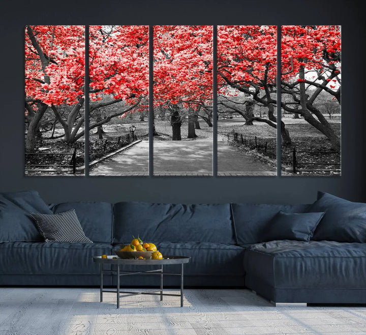 Triptych of a grayscale park scene with bold pink cherry blossoms, beautifully printed on museum-quality canvas. The "Pink Cherry Blossoms Flowers Canvas Wall Art Print" is gallery wrapped for a sleek appearance.