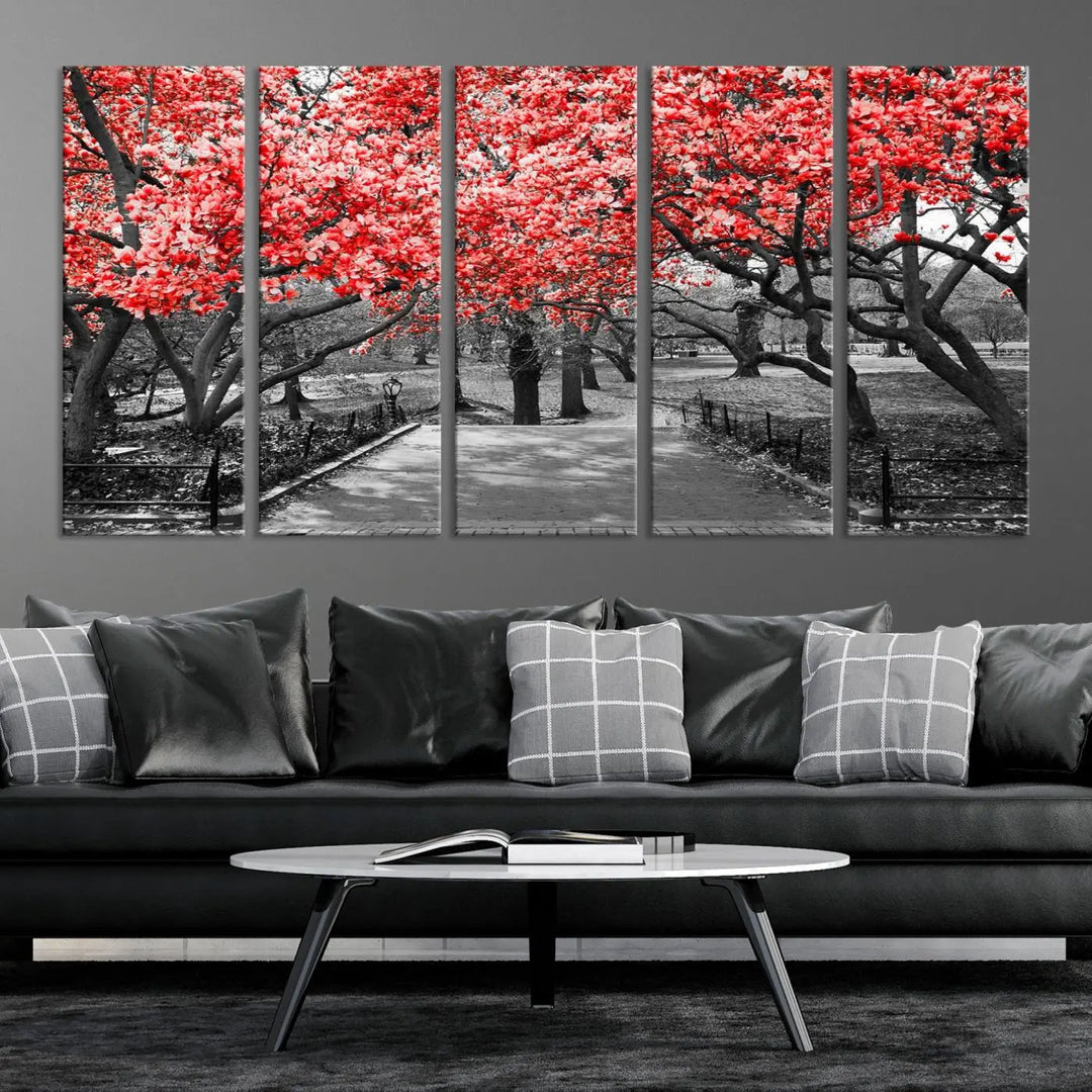 Triptych of a grayscale park scene with bold pink cherry blossoms, beautifully printed on museum-quality canvas. The "Pink Cherry Blossoms Flowers Canvas Wall Art Print" is gallery wrapped for a sleek appearance.