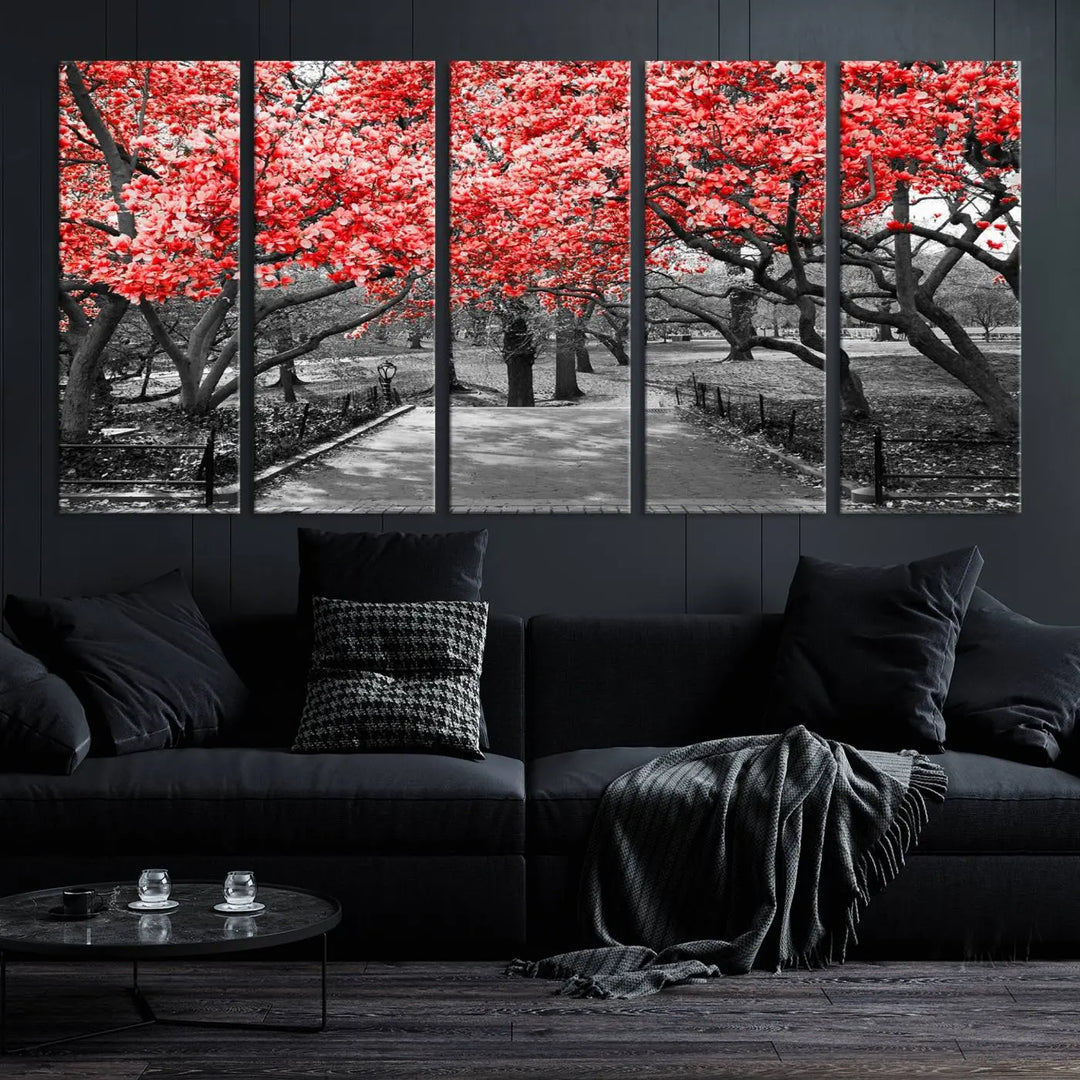 Triptych of a grayscale park scene with bold pink cherry blossoms, beautifully printed on museum-quality canvas. The "Pink Cherry Blossoms Flowers Canvas Wall Art Print" is gallery wrapped for a sleek appearance.