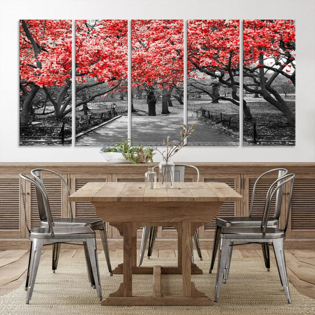 Triptych of a grayscale park scene with bold pink cherry blossoms, beautifully printed on museum-quality canvas. The "Pink Cherry Blossoms Flowers Canvas Wall Art Print" is gallery wrapped for a sleek appearance.