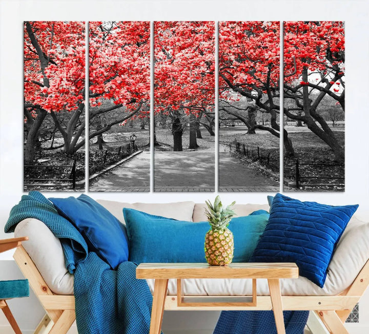 Triptych of a grayscale park scene with bold pink cherry blossoms, beautifully printed on museum-quality canvas. The "Pink Cherry Blossoms Flowers Canvas Wall Art Print" is gallery wrapped for a sleek appearance.