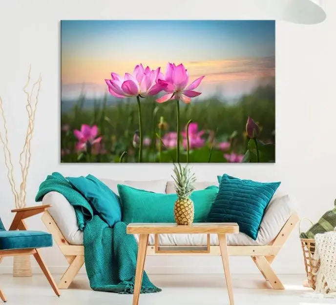 The room features a museum-quality Pink Flower on the Mountain Canvas Print, showcasing blooming pink flowers against a sunset on hand-assembled canvas.