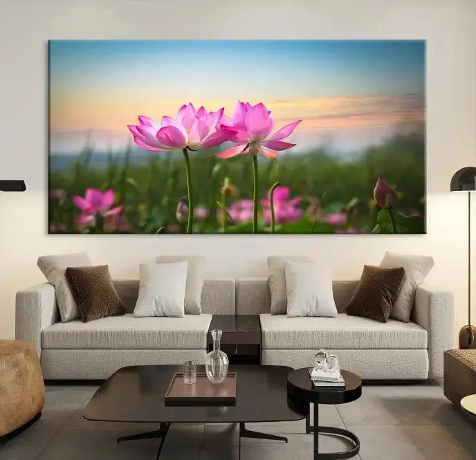 The room features a museum-quality Pink Flower on the Mountain Canvas Print, showcasing blooming pink flowers against a sunset on hand-assembled canvas.