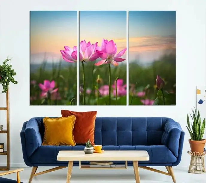 The room features a museum-quality Pink Flower on the Mountain Canvas Print, showcasing blooming pink flowers against a sunset on hand-assembled canvas.