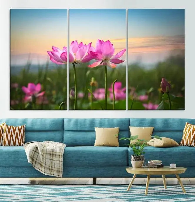 The room features a museum-quality Pink Flower on the Mountain Canvas Print, showcasing blooming pink flowers against a sunset on hand-assembled canvas.