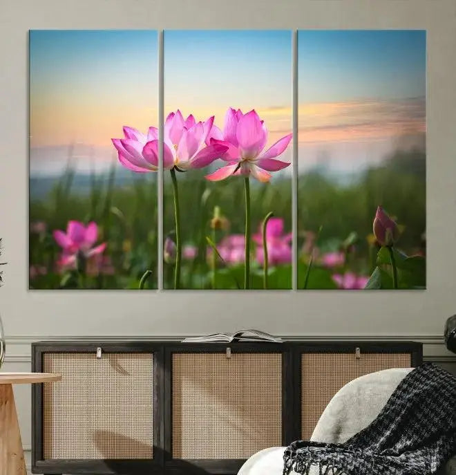 The room features a museum-quality Pink Flower on the Mountain Canvas Print, showcasing blooming pink flowers against a sunset on hand-assembled canvas.