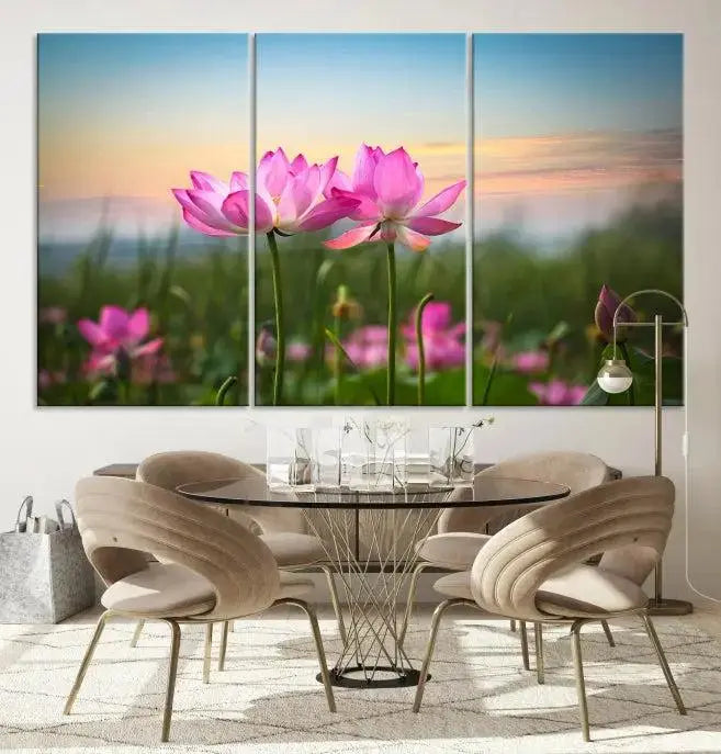 The room features a museum-quality Pink Flower on the Mountain Canvas Print, showcasing blooming pink flowers against a sunset on hand-assembled canvas.