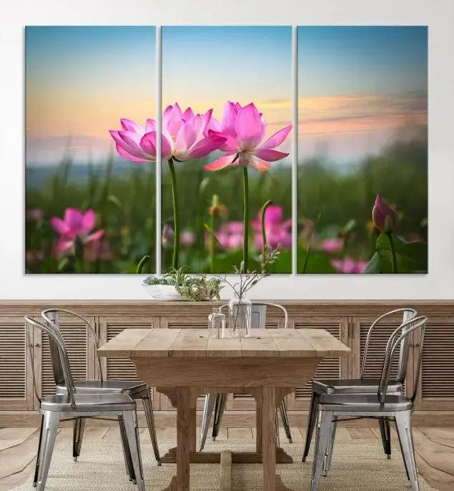 The room features a museum-quality Pink Flower on the Mountain Canvas Print, showcasing blooming pink flowers against a sunset on hand-assembled canvas.