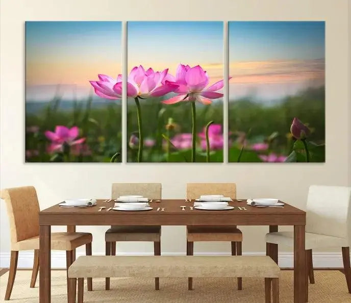 The room features a museum-quality Pink Flower on the Mountain Canvas Print, showcasing blooming pink flowers against a sunset on hand-assembled canvas.