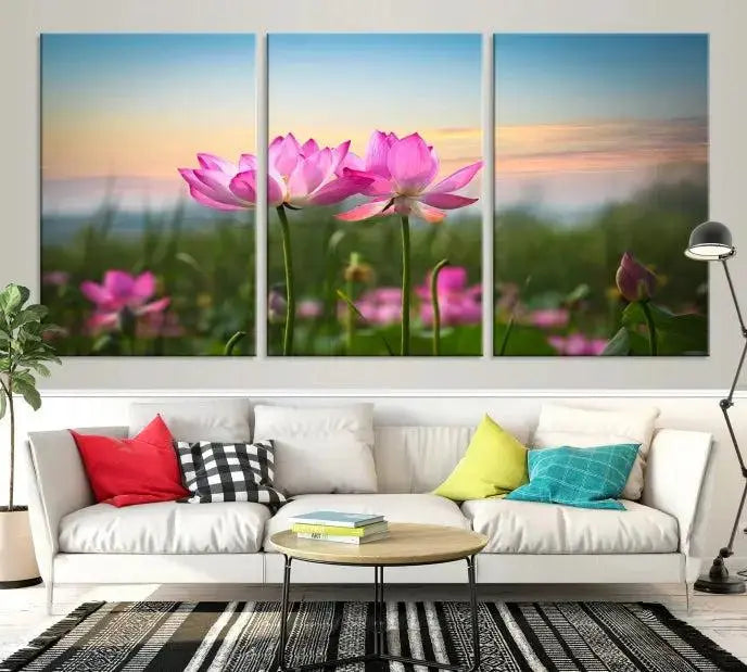 The room features a museum-quality Pink Flower on the Mountain Canvas Print, showcasing blooming pink flowers against a sunset on hand-assembled canvas.