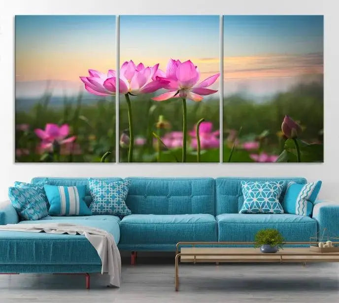 The room features a museum-quality Pink Flower on the Mountain Canvas Print, showcasing blooming pink flowers against a sunset on hand-assembled canvas.