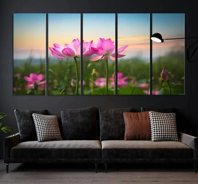 The room features a museum-quality Pink Flower on the Mountain Canvas Print, showcasing blooming pink flowers against a sunset on hand-assembled canvas.