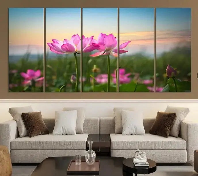 The room features a museum-quality Pink Flower on the Mountain Canvas Print, showcasing blooming pink flowers against a sunset on hand-assembled canvas.