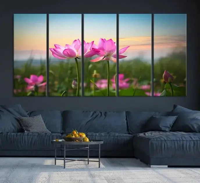 The room features a museum-quality Pink Flower on the Mountain Canvas Print, showcasing blooming pink flowers against a sunset on hand-assembled canvas.