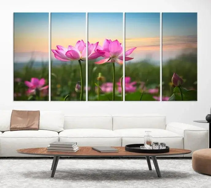 The room features a museum-quality Pink Flower on the Mountain Canvas Print, showcasing blooming pink flowers against a sunset on hand-assembled canvas.