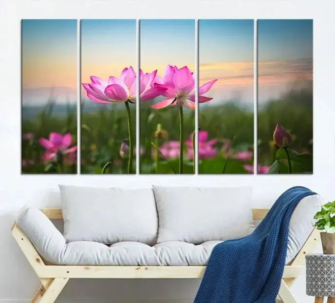 The room features a museum-quality Pink Flower on the Mountain Canvas Print, showcasing blooming pink flowers against a sunset on hand-assembled canvas.