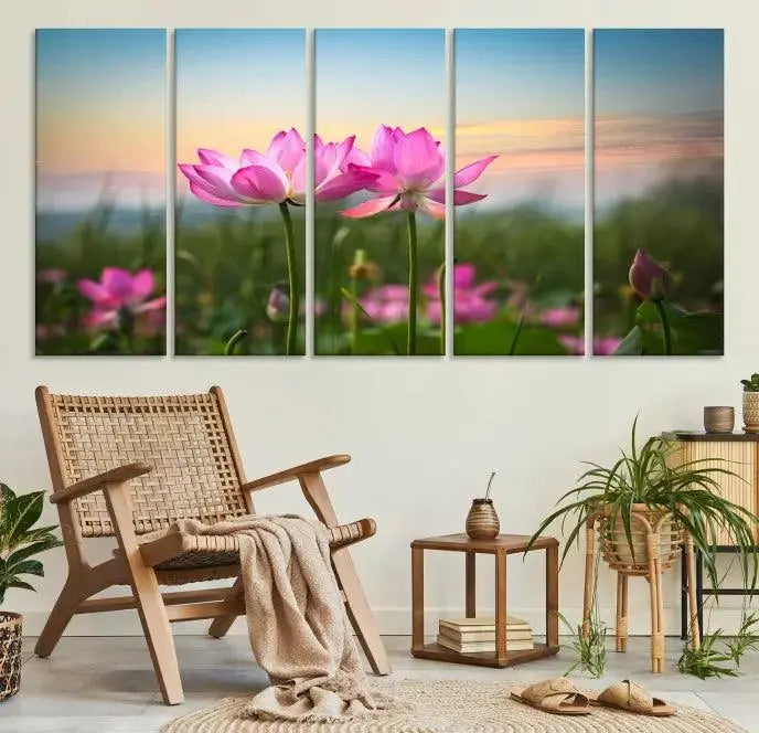 The room features a museum-quality Pink Flower on the Mountain Canvas Print, showcasing blooming pink flowers against a sunset on hand-assembled canvas.