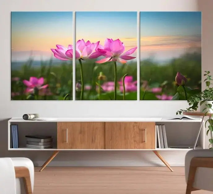 The room features a museum-quality Pink Flower on the Mountain Canvas Print, showcasing blooming pink flowers against a sunset on hand-assembled canvas.