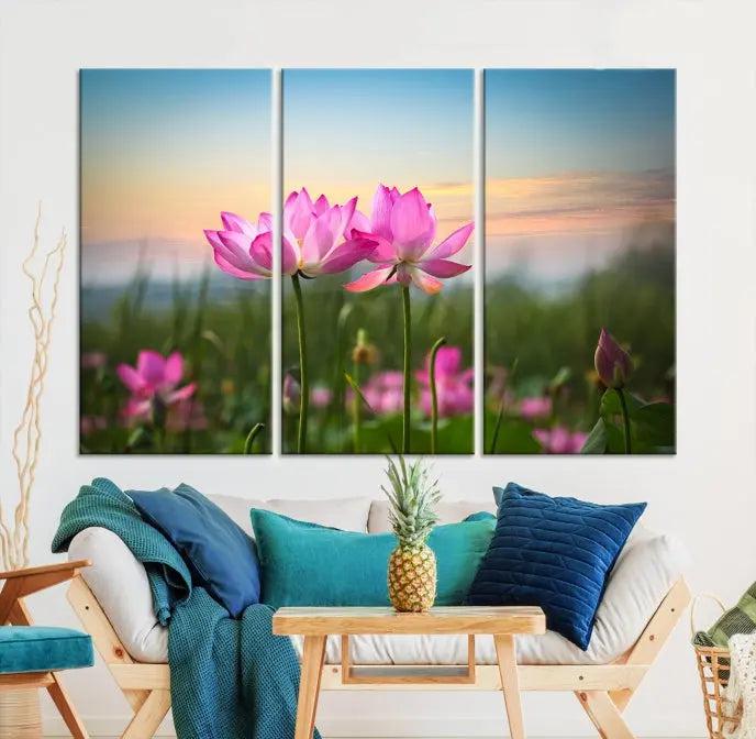 The room features a museum-quality Pink Flower on the Mountain Canvas Print, showcasing blooming pink flowers against a sunset on hand-assembled canvas.