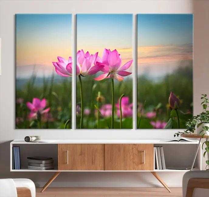 The room features a museum-quality Pink Flower on the Mountain Canvas Print, showcasing blooming pink flowers against a sunset on hand-assembled canvas.