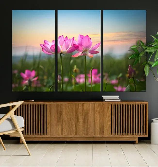 The room features a museum-quality Pink Flower on the Mountain Canvas Print, showcasing blooming pink flowers against a sunset on hand-assembled canvas.